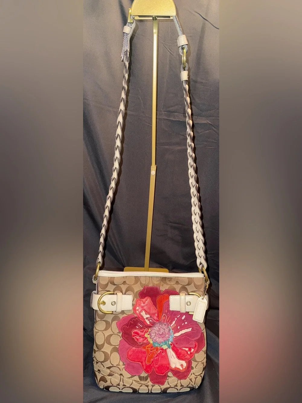 Vintage Coach Brown Signature Crossbody with Pink & Red Floral Appliqué